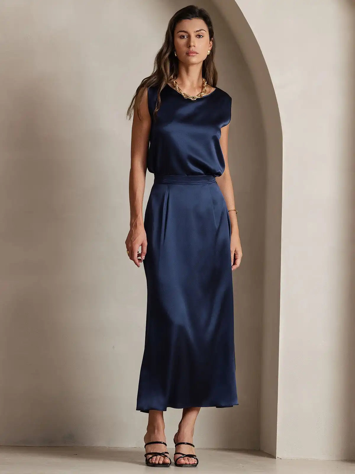 Clearance - 19Momme Silk A Line Maxi Skirt with Zipper Design