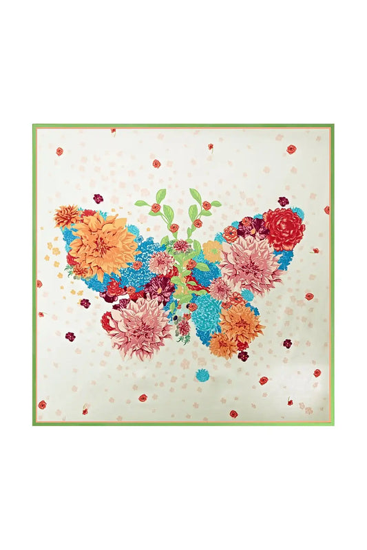 100% Mulberry Silk Floral Square Scarf with Green Trim 53*53 cm