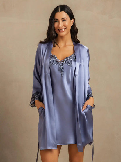 100% Mulberry Silk Spaghetti Strap Lace Nightgown & Robe Set
