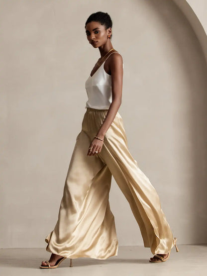 19Momme Silk Fashionable Flowy High-Slit Palazzo Pants