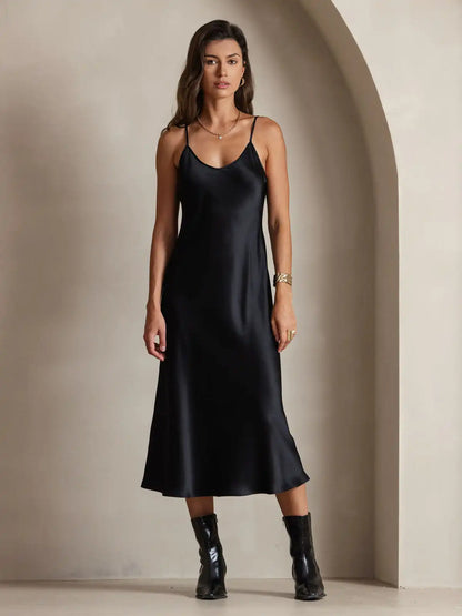 100% Mulberry Silk Spaghetti Strap Midi Long Dress