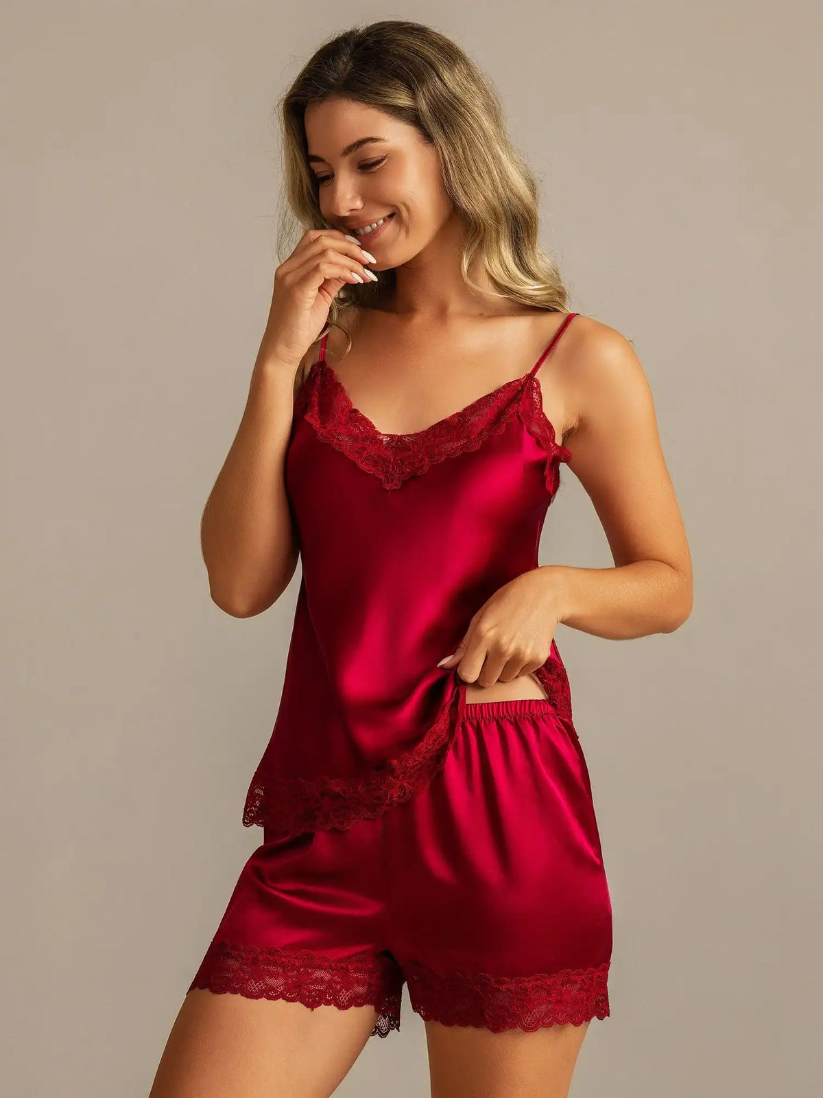 100% Mulberry Silk Lace Trim Spaghetti Strap V Neck Sexy Camisole Set