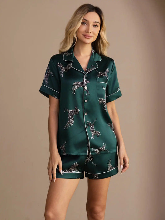 100% Mulberry Silk Women's Zebra Print Short Sleeve Button Up Pajama Set