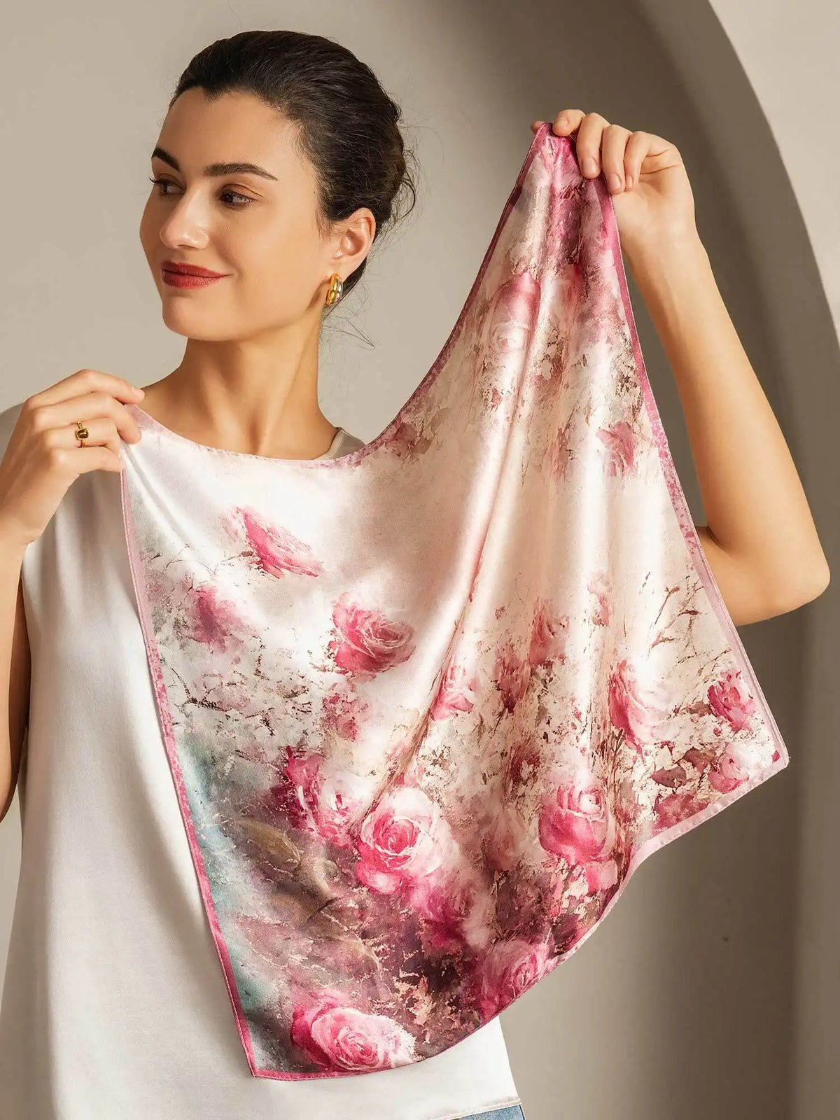 100% Mulberry Silk Rose Pattern Square Scarf - Size 53x53cm