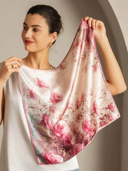 100% Mulberry Silk Rose Pattern Square Scarf - Size 53x53cm