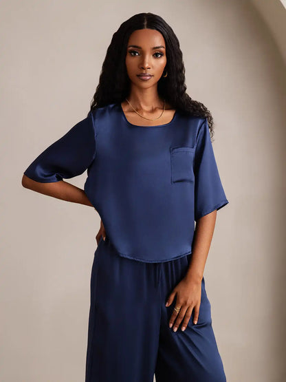 Women's 100% Mulberry Silk Half Sleeve Round Neck Pajamas Set
