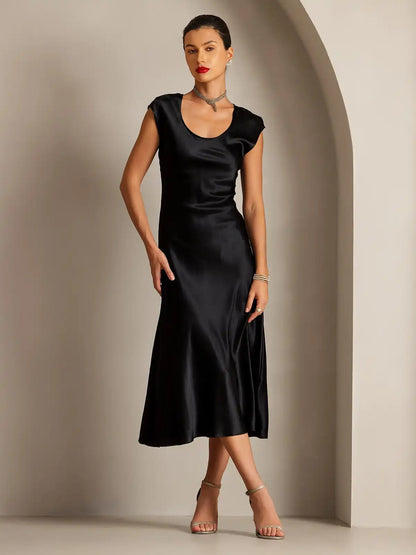 19Momme Silk Cap Sleeve Round Neck Midi Dress