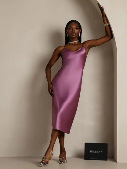 100% Mulberry Silk Spaghetti Strap V-neck Midi Nightgown