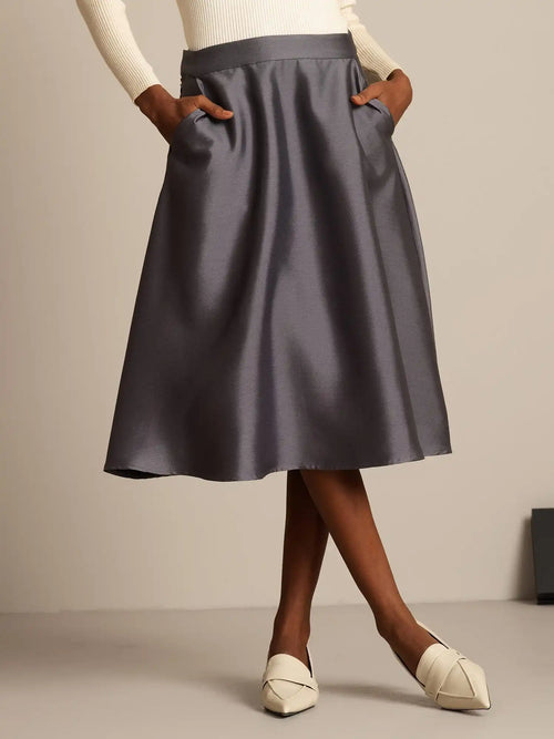 32Momme Silk-Wool Blend  A Line Midi Skirt with Zipper Deign