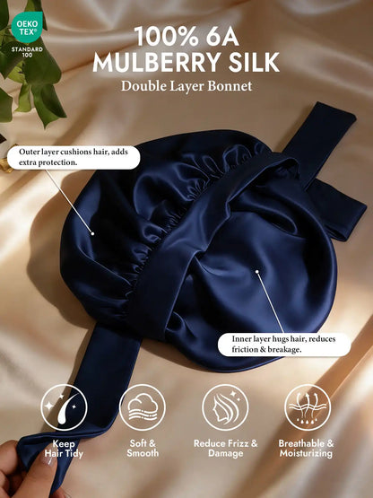 100% Mulberry Silk Double-Layer Bonnet with Adjustable Long Tie
