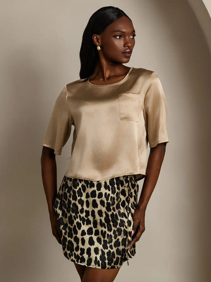 100% Mulberry Silk Women's Blouse Short Sleeve Boxy Crop Top