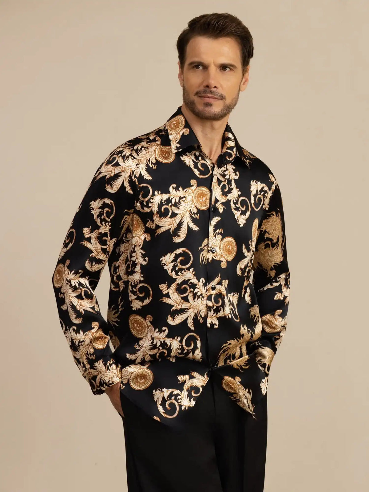 Pure Silk Men's Long Sleeve Lapel Collar Dragon Print Shirt