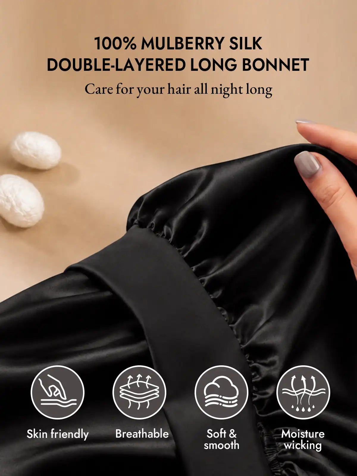 100% Mulberry Silk Double-Layer Long Bonnet with Adjustable Long Tie