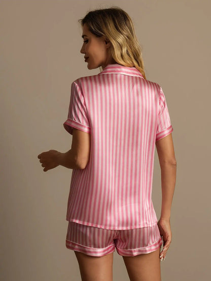Women's 100% Mulberry Silk Stripe Print Short Sleeve Notch Collar Pajamas Set With Shorts