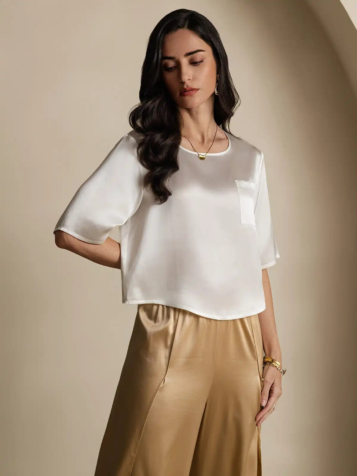 100% Mulberry Silk Women's Blouse Short Sleeve Boxy Crop Top