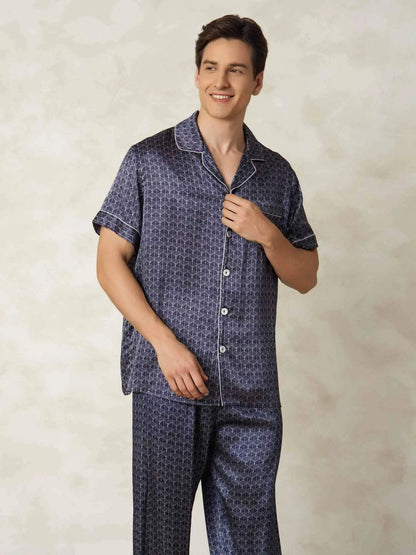 Clearance - Men's Pure Silk Navy Ginkgo Print Short Sleeve Pajamas Set with Pants