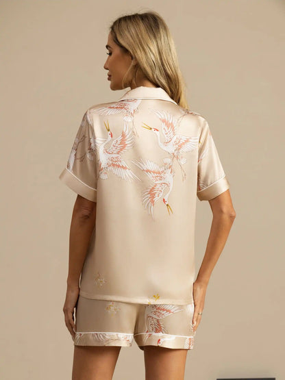 19Momme Women's 100% Mulberry Silk Crane Print Short Sleeve Notch Collar Pajamas Set