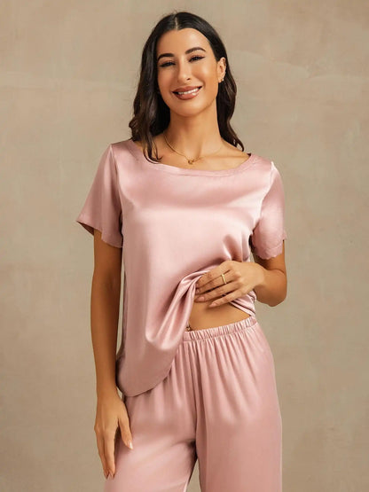 Clearance - 19Momme Women's Washable Silk Short Sleeve Scoop Neck Pajamas Set