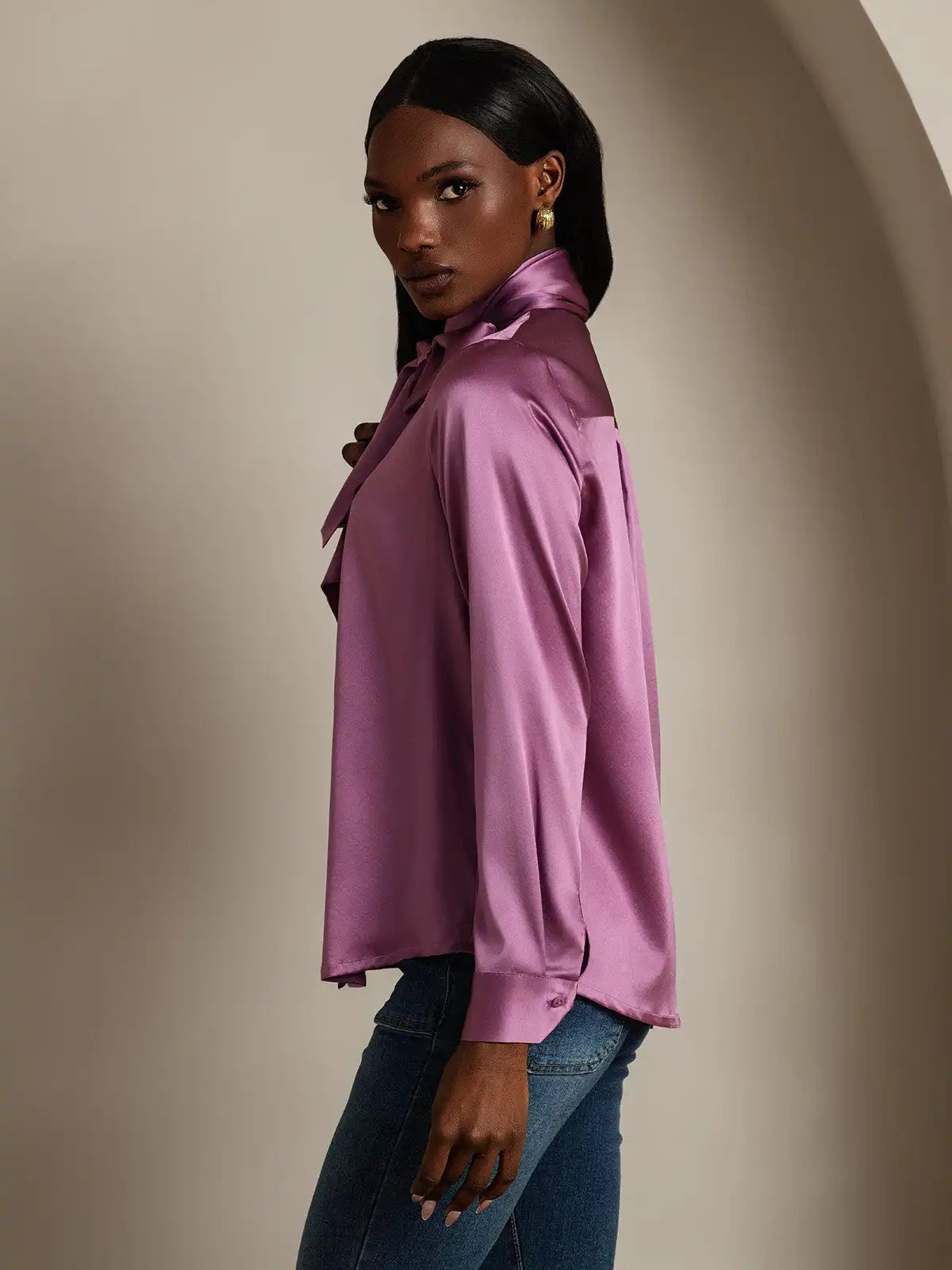 19Momme Silk Long Sleeve High Neck Bow Tie Blouse