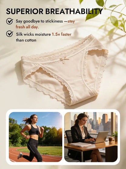 100% Mulberry Silk Lace Trim Bikini Panty with Bow Design