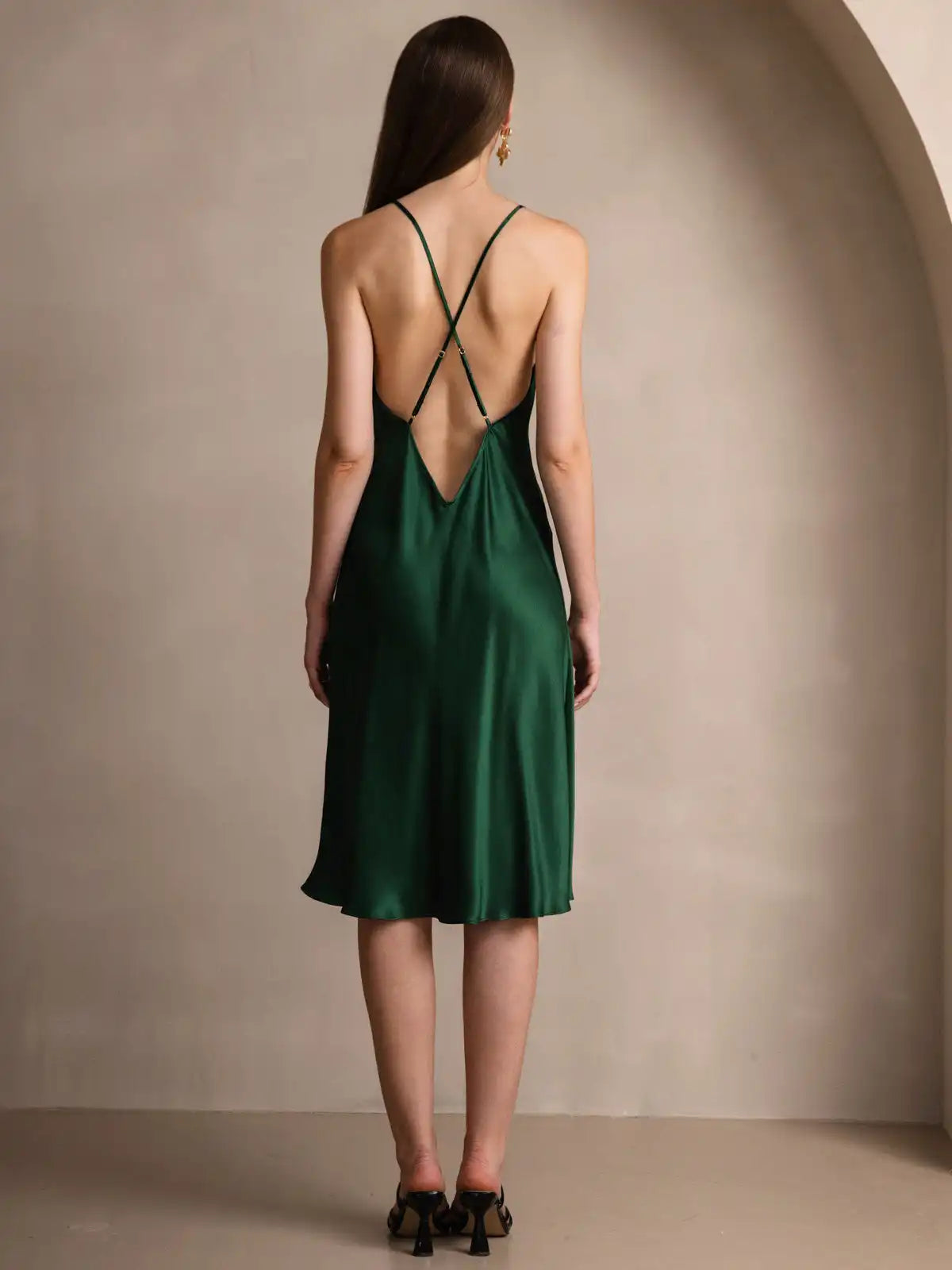 Elegant 100% Mulberry Silk Cross Backless Midi Dress with Side Slit