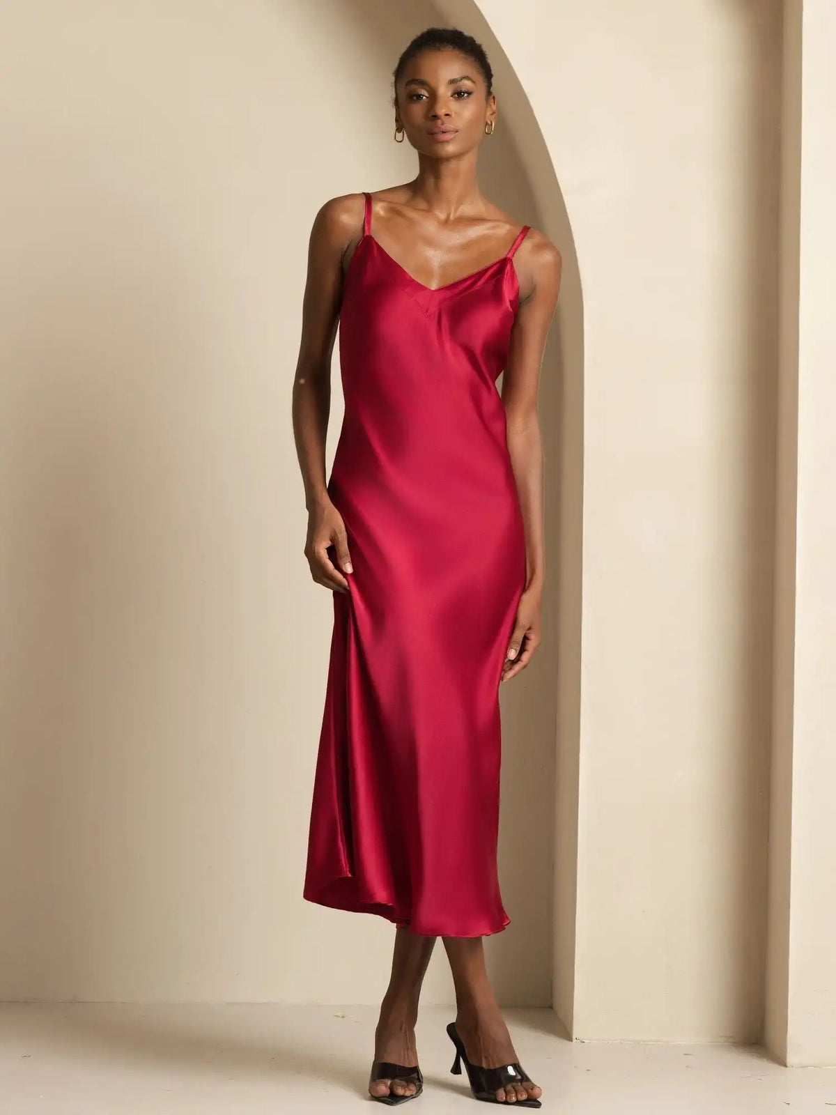 Pure Silk  V Neck Backless Spaghetti Strap Long Dress