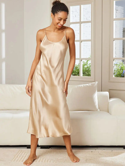 100% Mulberry Silk Spaghetti Strap V-neck Midi Nightgown