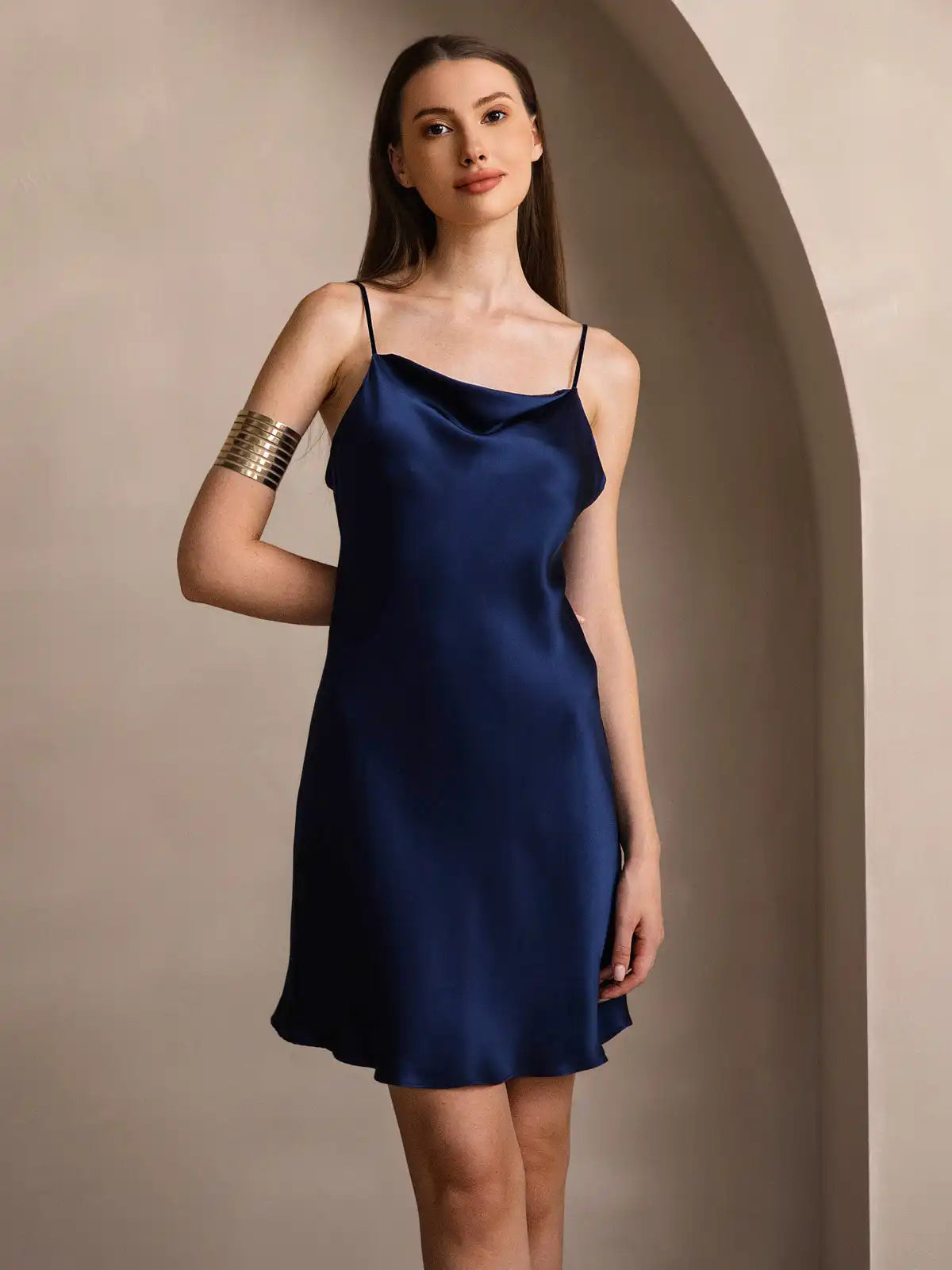 100% Mulberry Silk Spaghetti Strap Cowl Neck Short Dress