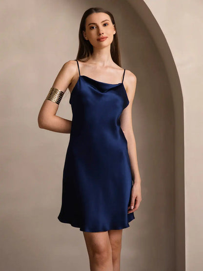 100% Mulberry Silk Spaghetti Strap Cowl Neck Short Dress