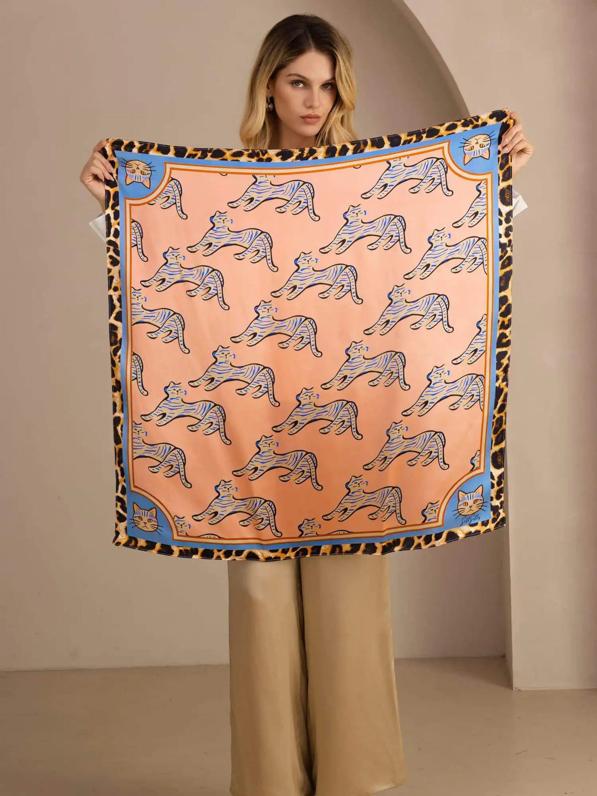100% Mulberry Silk  Cat Pattern Scarf - Size 90x90cm