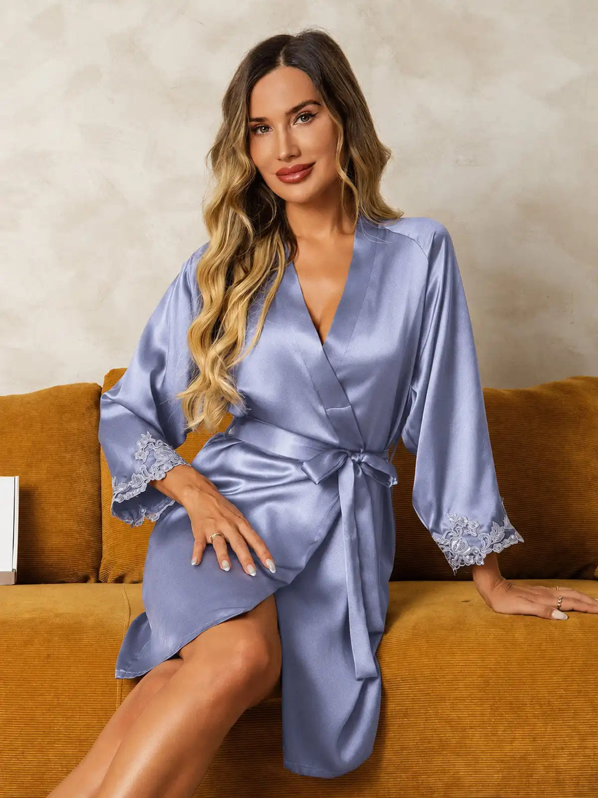 100% Mulberry Silk Lace Cuffs Robe Wrap Kimono Belted with 3/4 Sleeves