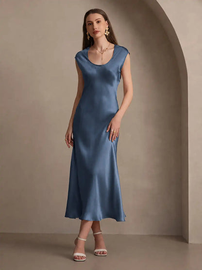19Momme Silk Cap Sleeve Round Neck Midi Dress