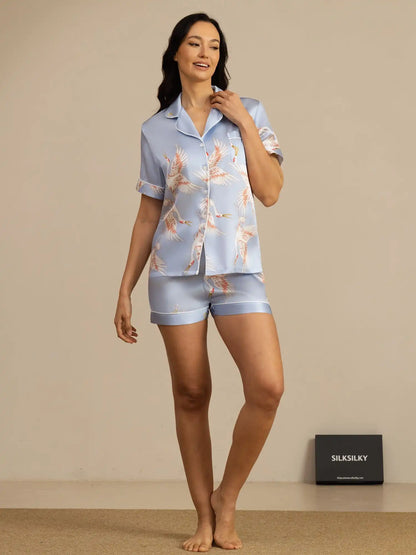 19Momme Women's 100% Mulberry Silk Crane Print Short Sleeve Notch Collar Pajamas Set