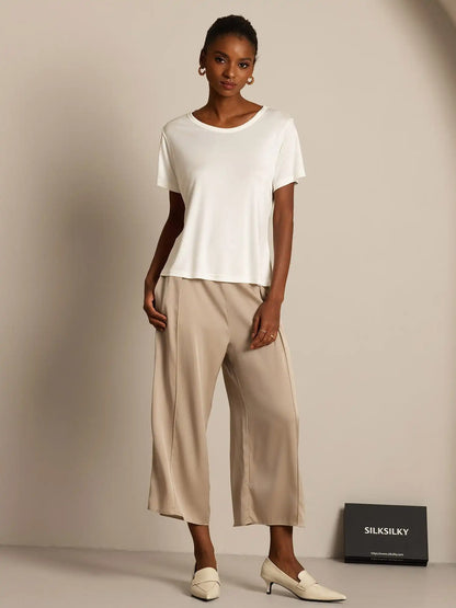 Women's 100% Mulberry Silk Short Sleeve Round Neck Basic T-Shirt