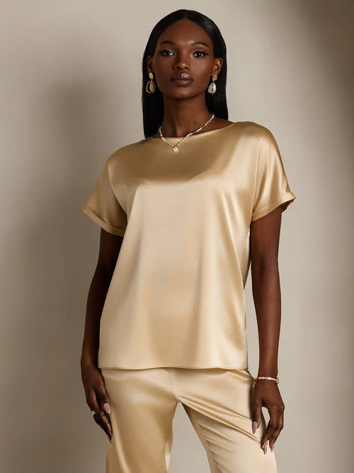 Clearance - 19Momme Silk Short Sleeve Boat Neck Cuffed Sleeve Women's T-Shirt