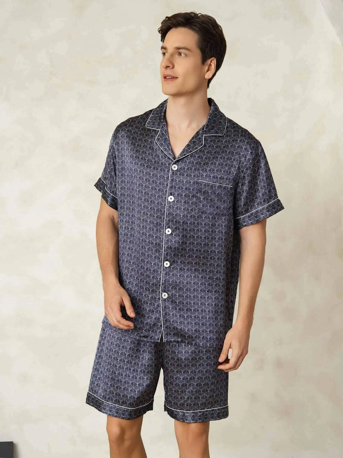 Men's 100% Mulberry Silk Ginkgo Print Short Sleeve Lapel Collar Pajamas Set