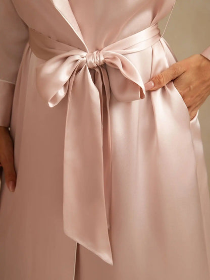 100% Mulberry Silk Belted Women's Long Lapel Robe with Pocket Design
