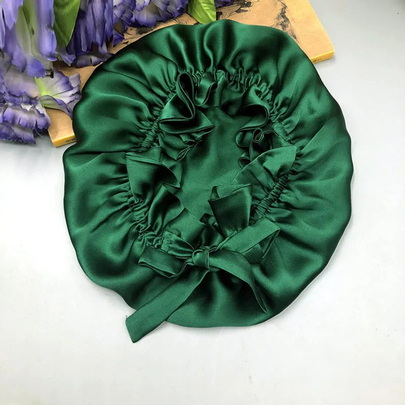 100% Mulberry Silk Sleep Cap Double Layer Bonnet with Ribbon