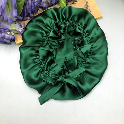 100% Mulberry Silk Sleep Cap Double Layer Bonnet with Ribbon