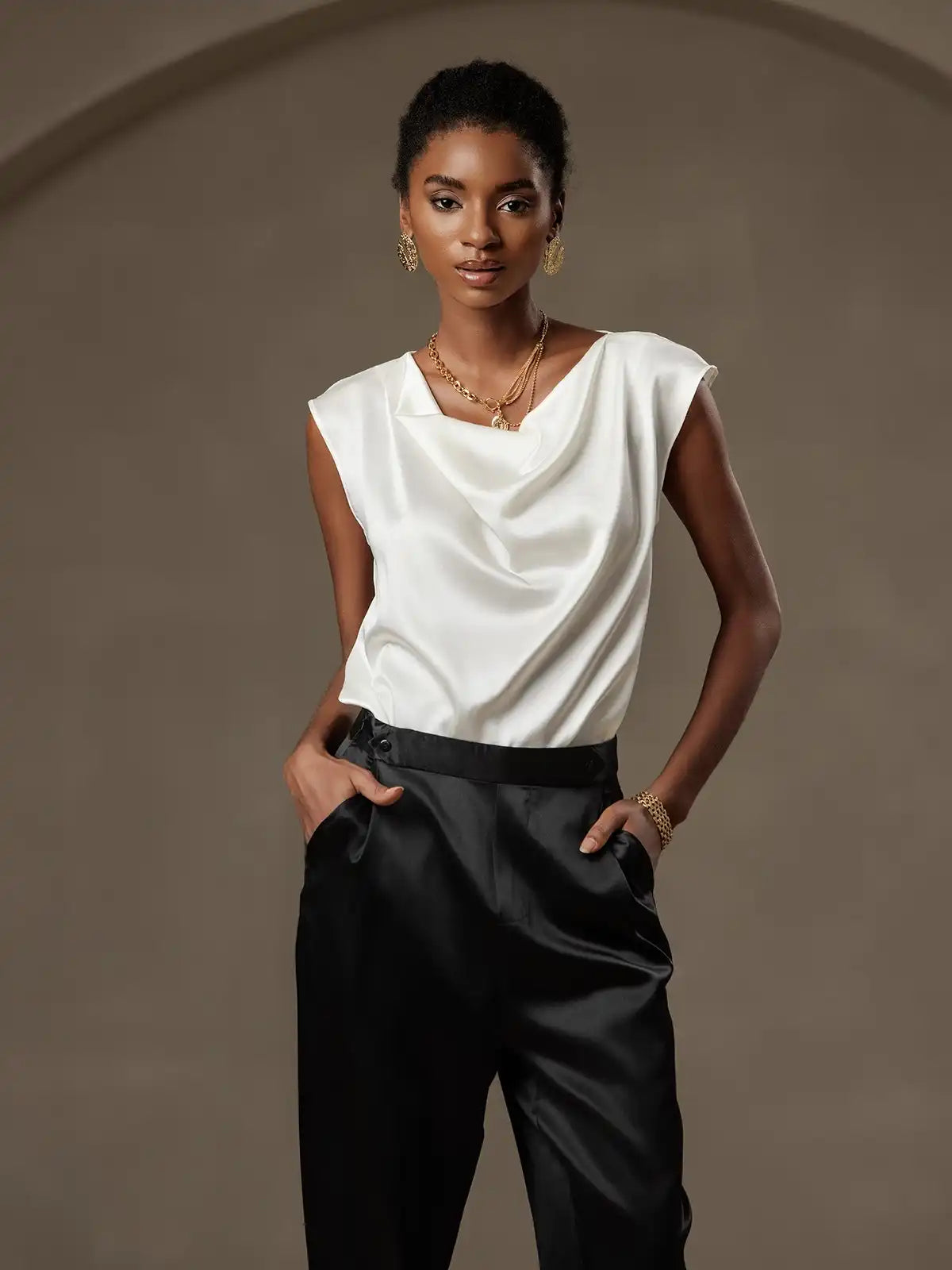 19Momme Silk Cap Sleeve Cowl Neck Women's Top