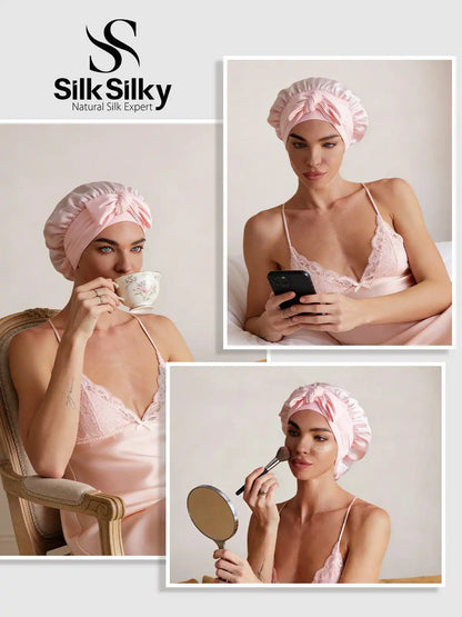 100% Mulberry Silk Double-Layer Bonnet with Adjustable Long Tie