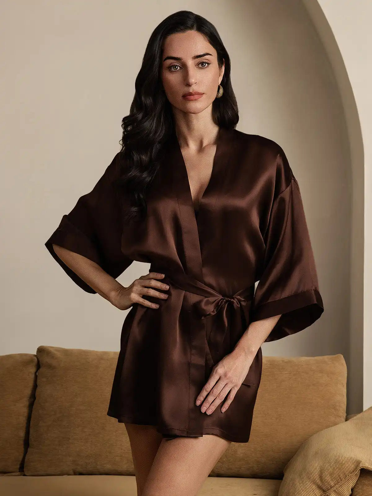 100% Mulberry Silk Short Women's Kimono Robe with Wrap Design