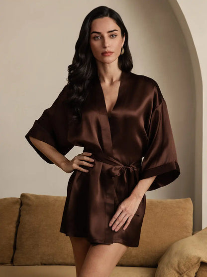 100% Mulberry Silk Short Women's Kimono Robe with Wrap Design