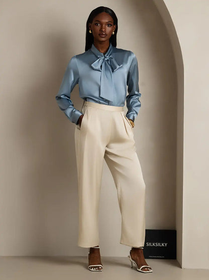 Elegant 19Momme Silk Long Sleeve Tie Neck Blouse