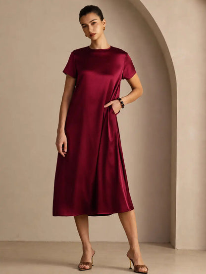 19Momme Silk Short Sleeve Crew Neck  Midi Dress With Side Pockets