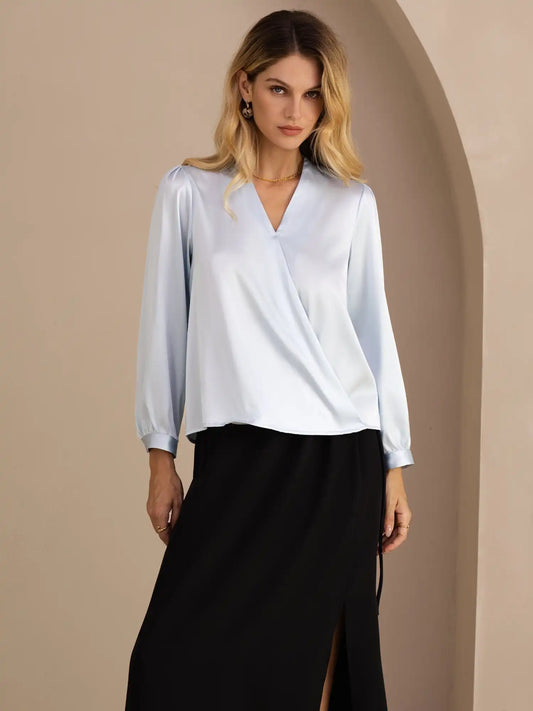 19Momme Silk Women’s Wrap Neck Long Sleeve Blouse
