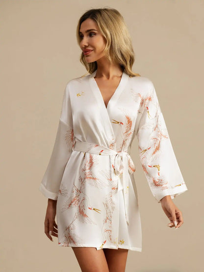 19Momme 100% Mulberry Silk Crane Print 3/4 Sleeve Short Women's Kimono Robe