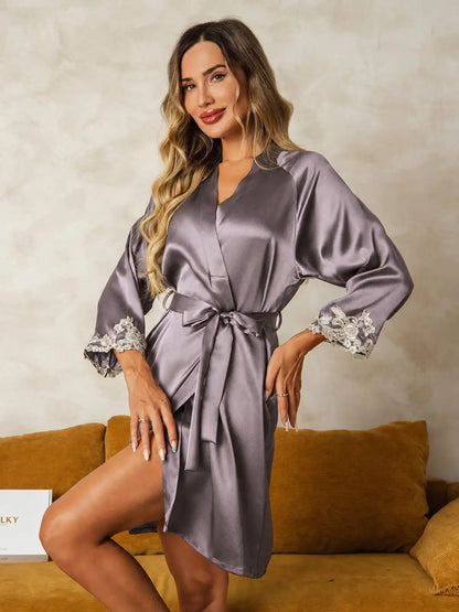100% Mulberry Silk Lace Cuffs Robe Wrap Kimono Belted with 3/4 Sleeves