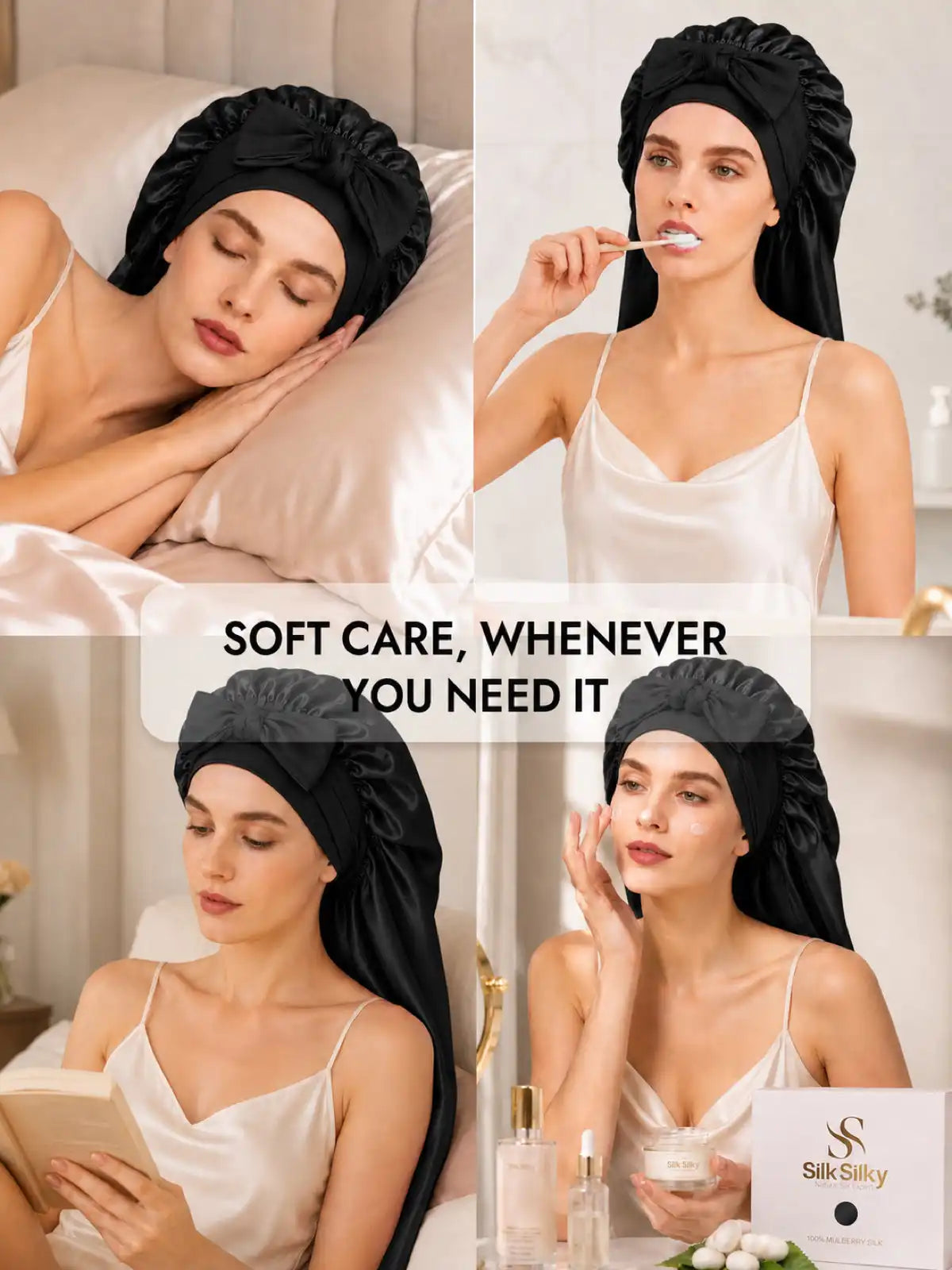 100% Mulberry Silk Double-Layer Long Bonnet with Adjustable Long Tie