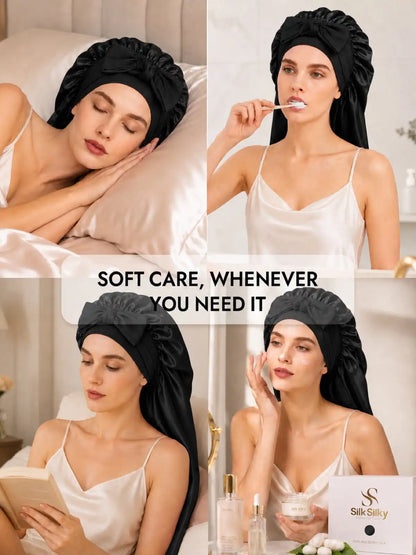 100% Mulberry Silk Double-Layer Long Bonnet with Adjustable Long Tie